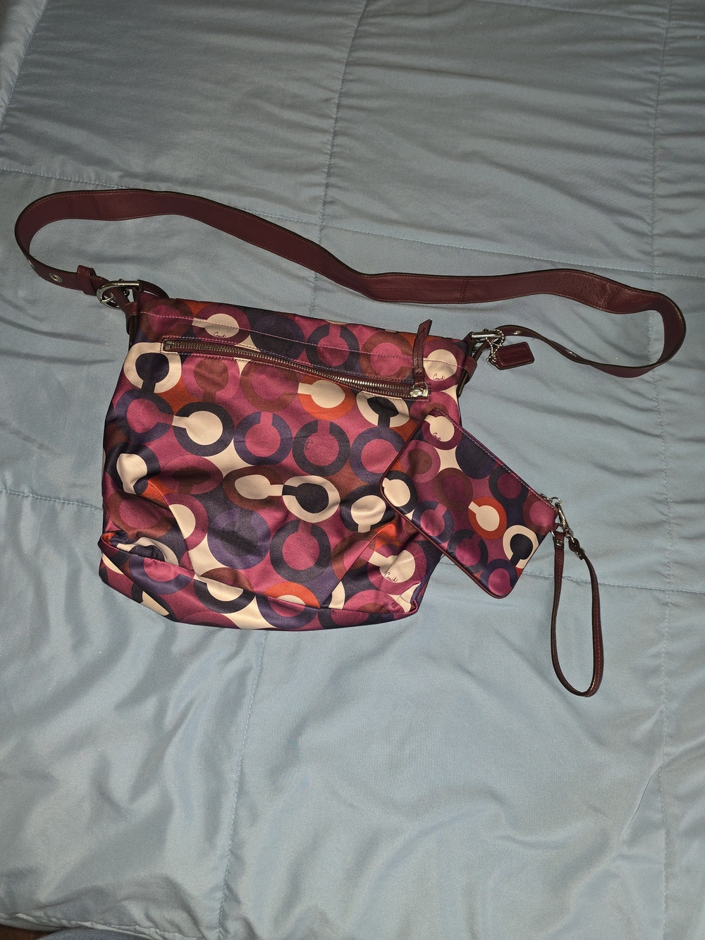 Coach Multicolor Purple and Pink Circle-Print Crossbody with Wristlet